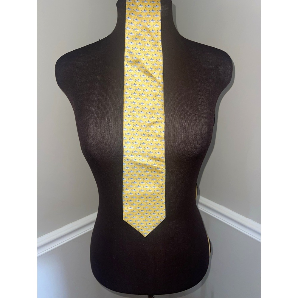 Tommy Hilfiger Mens Woven Shark Nautical Tie Yellow Blue White Logo Accent